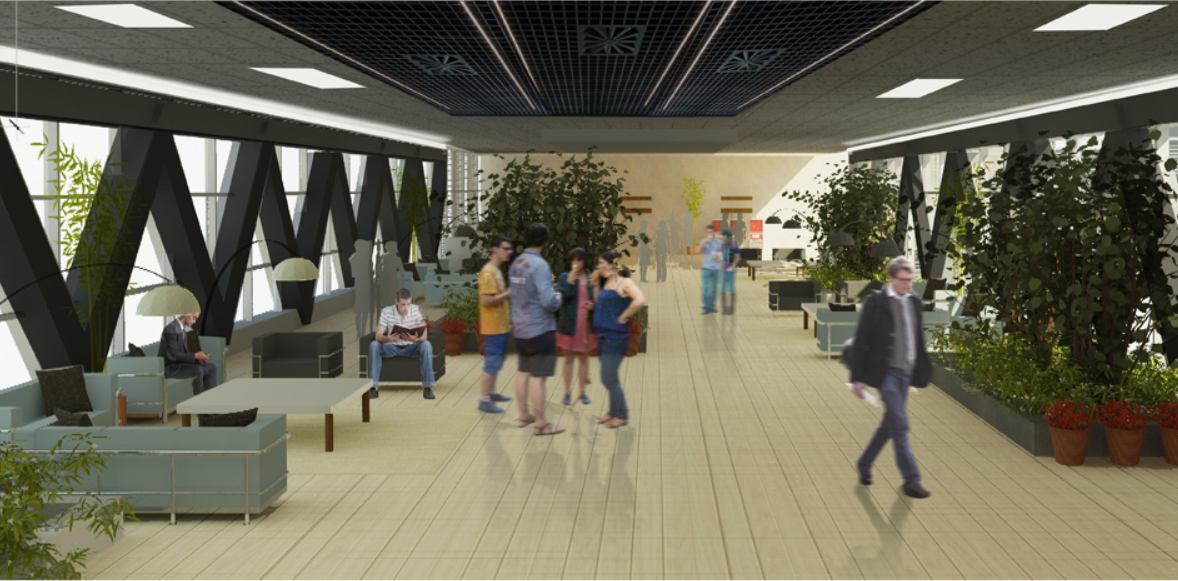 This verdant, well-lit indoor corridor acts as a social bridge—fostering casual gatherings, relaxation, and chance encounters.