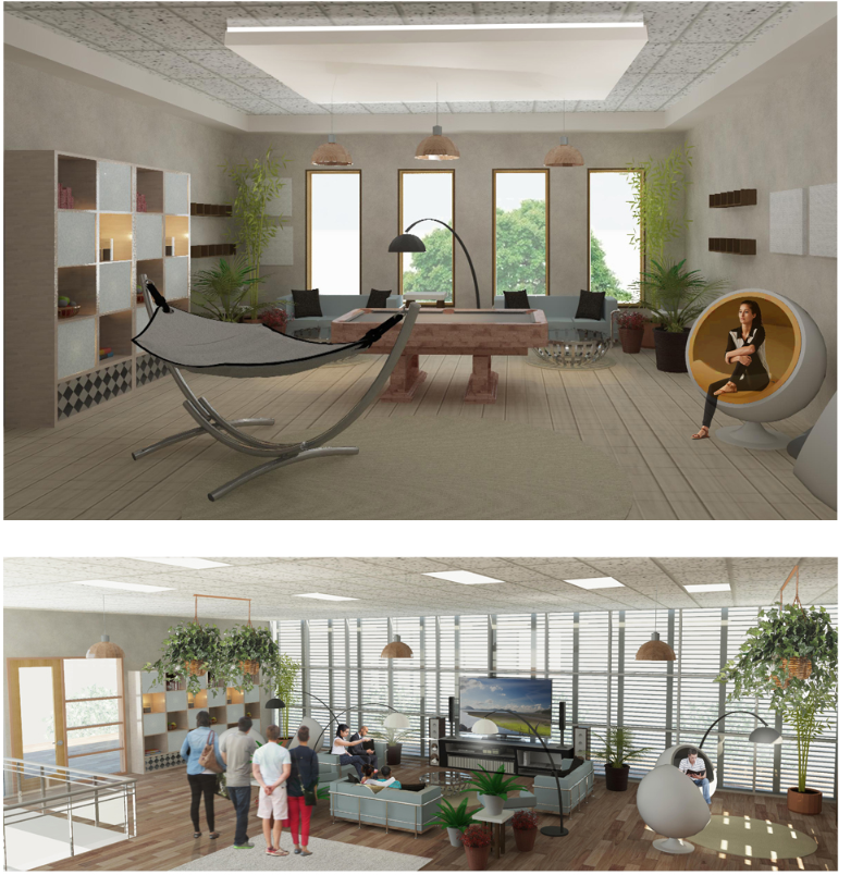 Comfortable interiors with hammocks and gaming areas invite users to unwind, enhancing the project's human-centric approach to leisure.