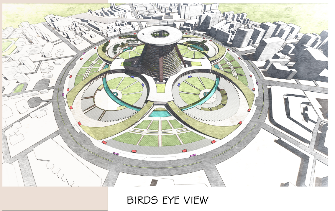 Aerial rendering showing a circular plaza with radiating pathways, green lawns, and a central tower surrounded by urban context