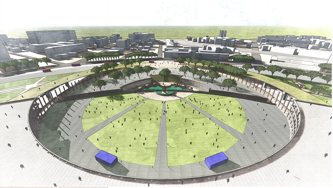 Eye-level rendering of the circular public plaza with curved amphitheater seating, lawns, and people gathering under open sky