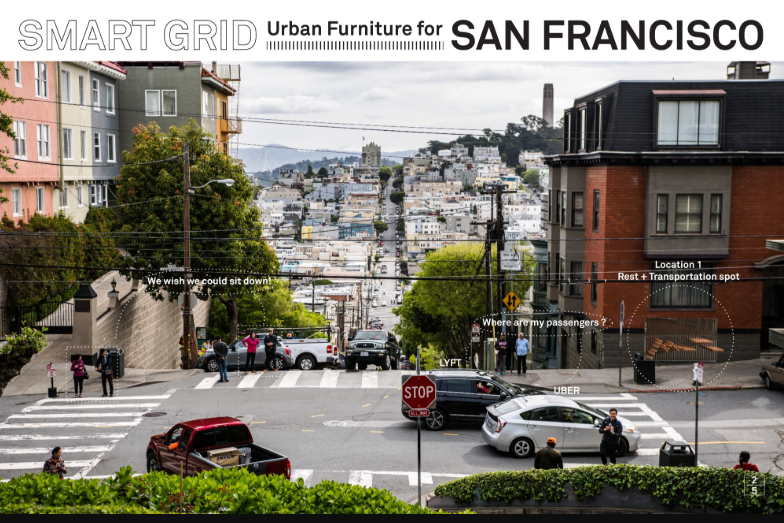 Smart Grid transforms a hillside street corner into a functional rest and waiting zone for pedestrians and ride-share users.