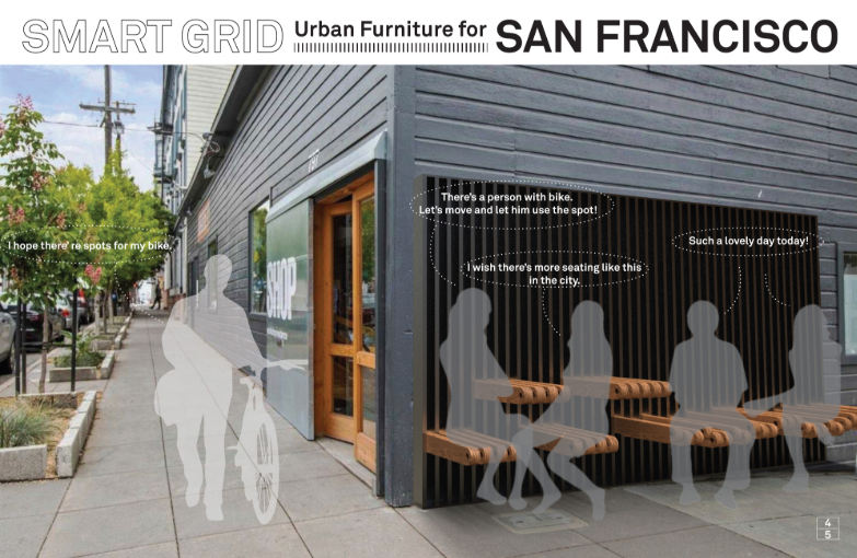 Modular seating adapts to social interaction and street dynamics, providing flexible rest options along the sidewalk.