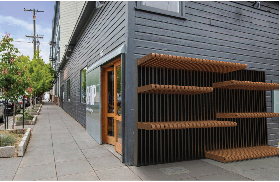 Adjustable shelves and seating units create multi-height surfaces for working, leaning, or casual gathering.