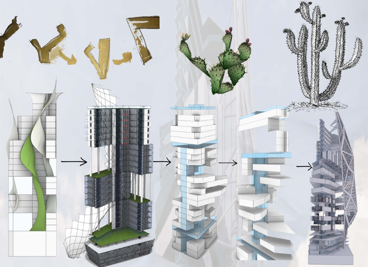 A cactus-inspired evolution—from abstract geometry to vertical structure—shapes a resilient and organic architectural form.
