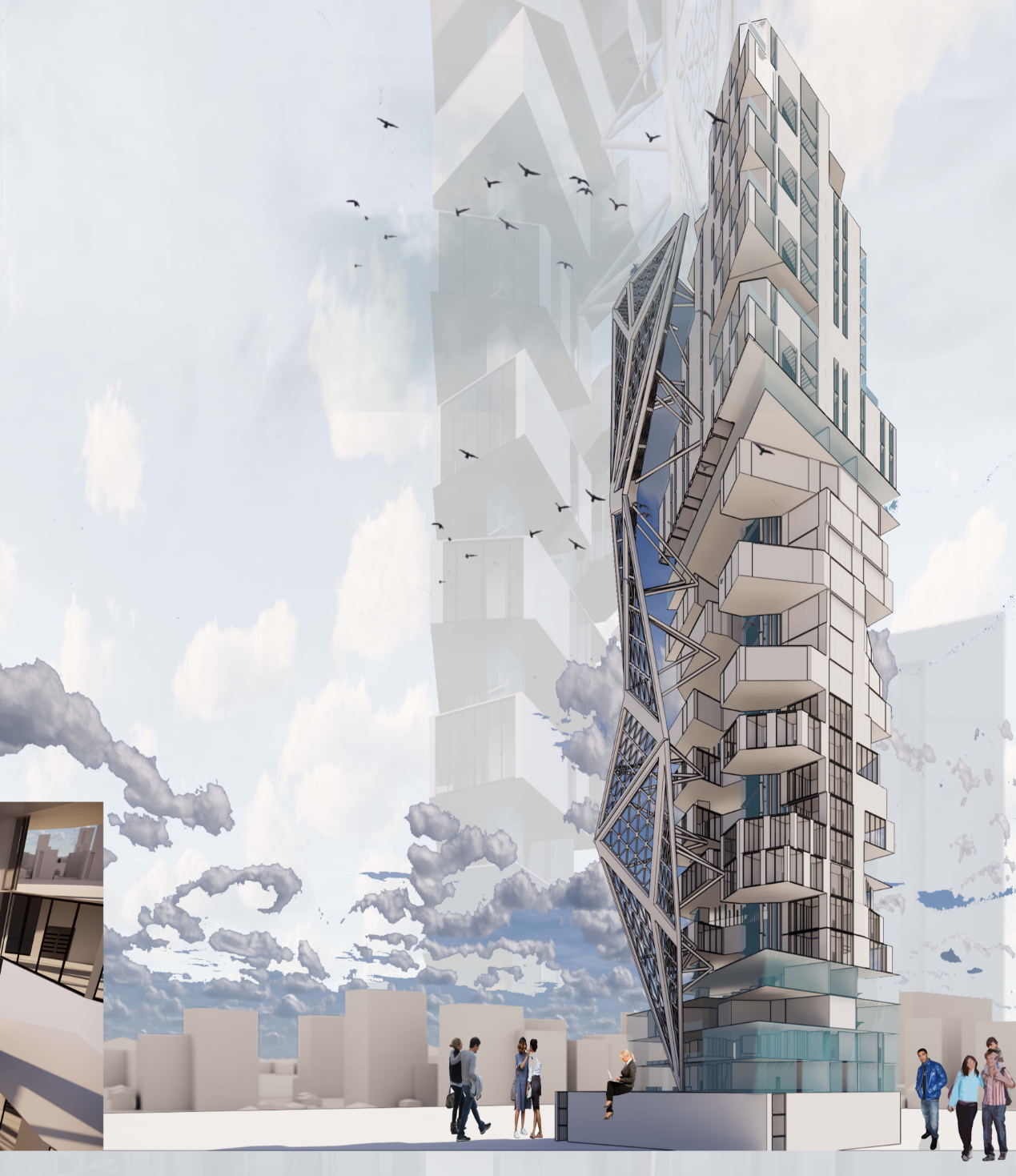 The tower's expressive skin and dynamic massing frame a new typology for vertical mixed-use communities.