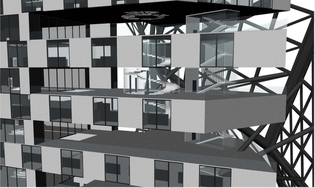 Layered balconies and structural grids create modularity and rhythm across the residential facade.