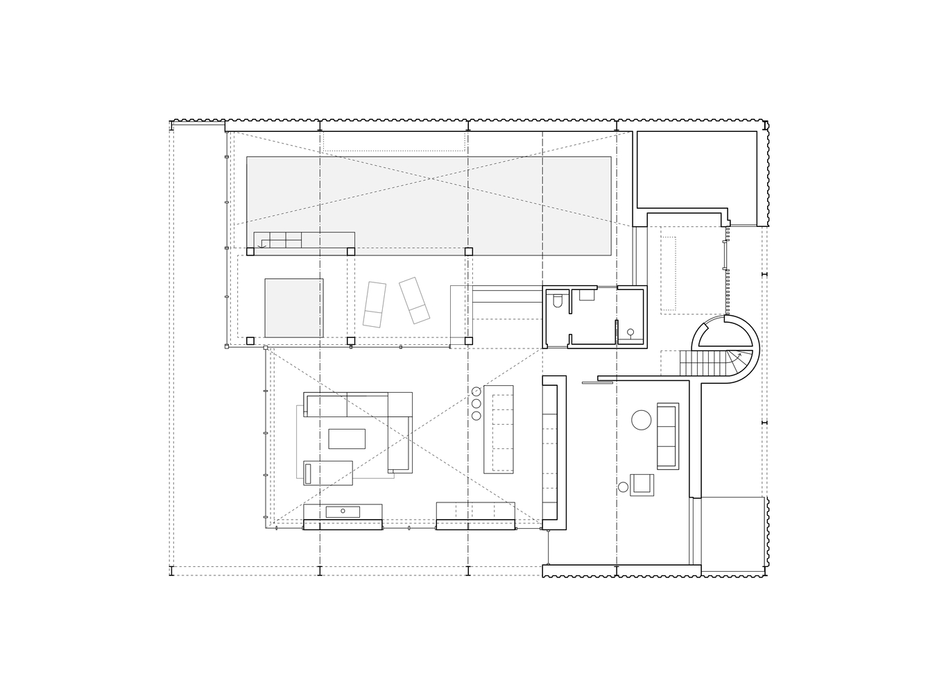 Floor plan drawing showing living areas around a central double-height void