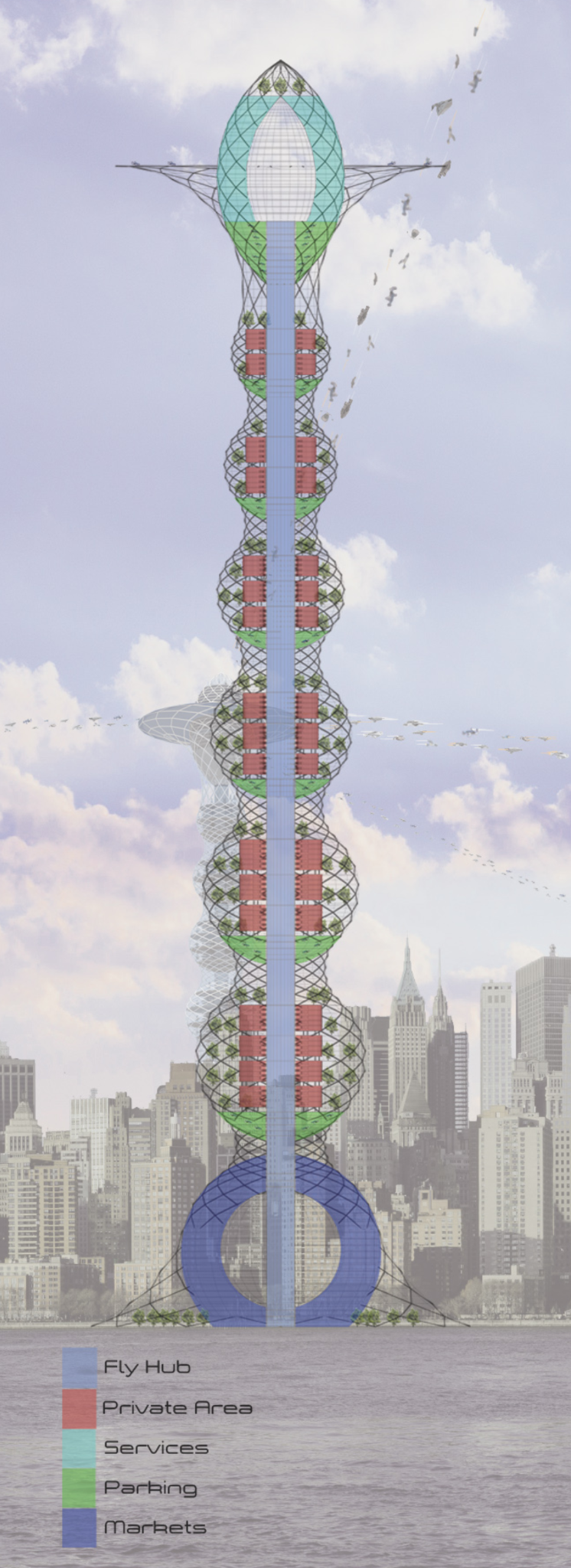 Color-coded sectional elevation illustrating the spatial organization—residences, services, parking, and commercial hubs.