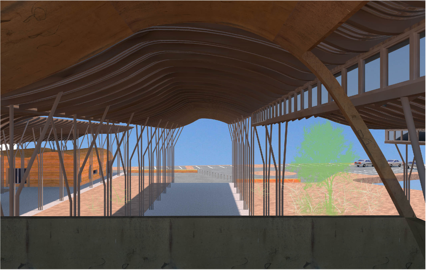 Kakadu plum-inspired roof hovers above a central communal axis, framing a pathway toward openness and unity.