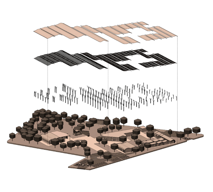 Layered architectural systems—roof, structure, and spatial clusters—showcase the project's holistic design strategy.