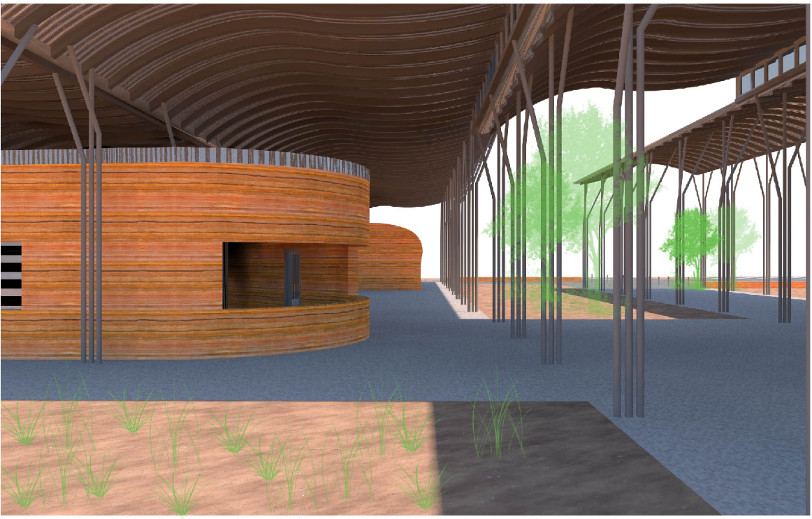 Rammed earth curves and slender columns articulate a sheltered yet permeable space for rest and interaction.