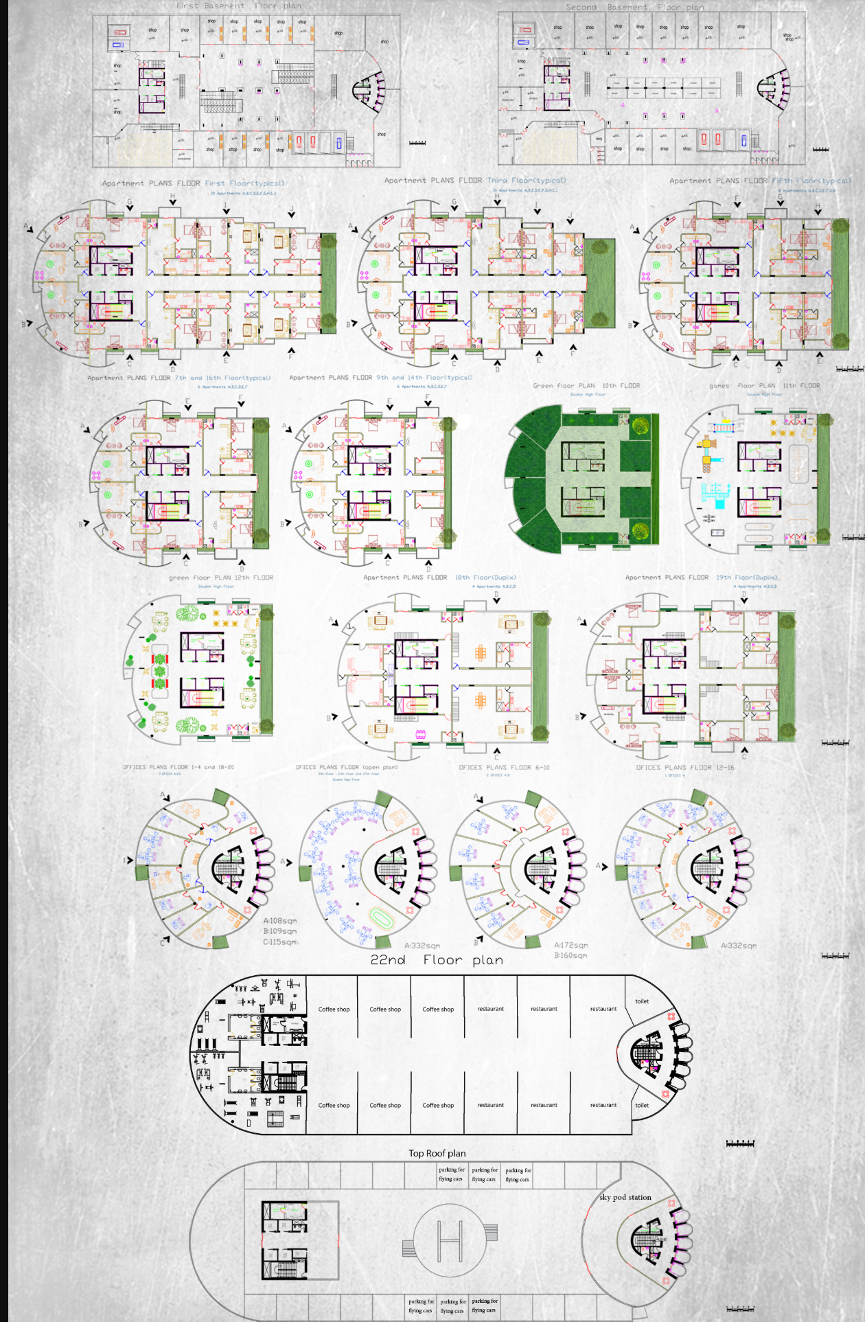 Multi-zonal floor plans detailing residential, office, and recreational layouts across all levels.