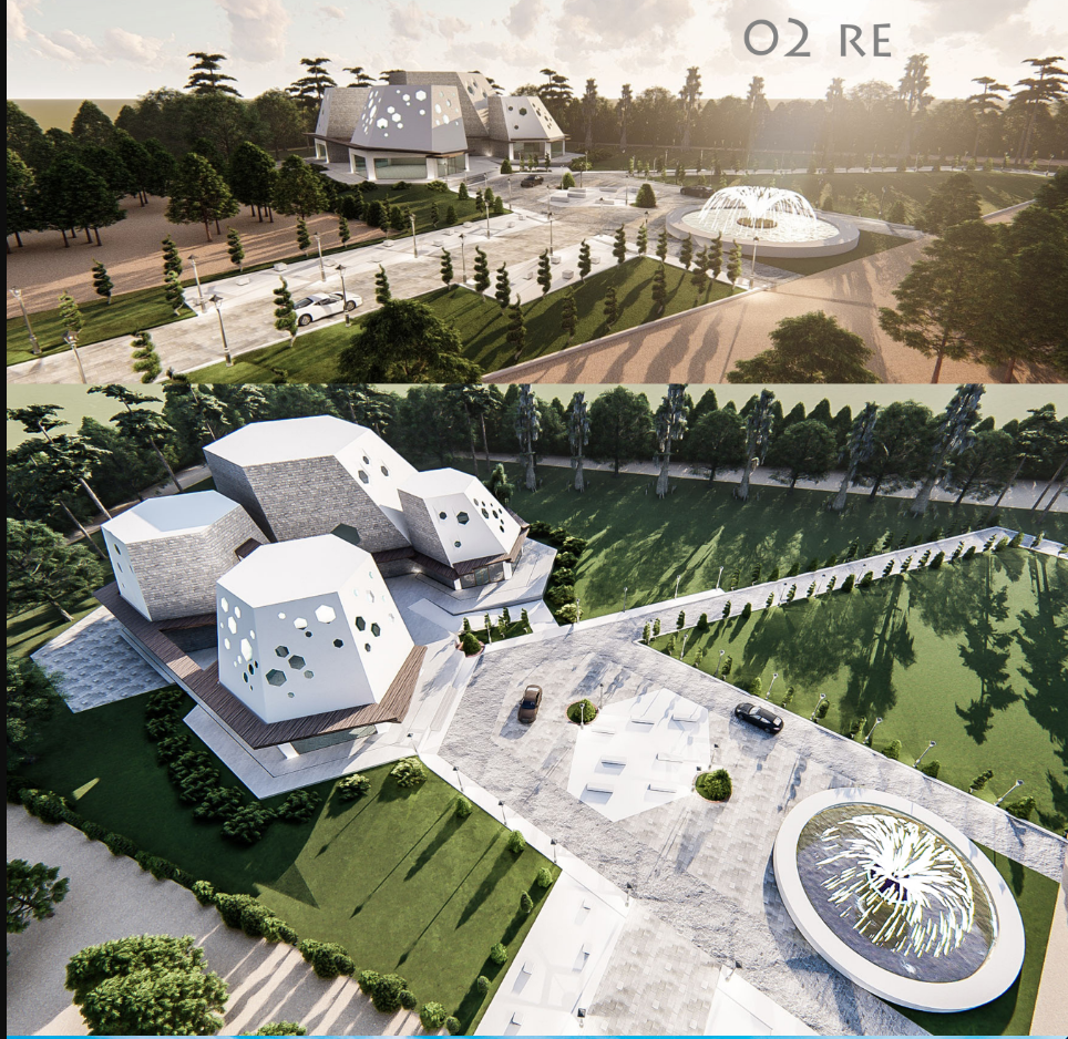 An aerial perspective reveals the hexagonal geometry and spatial layout inspired by Kakadu’s rocky topography.