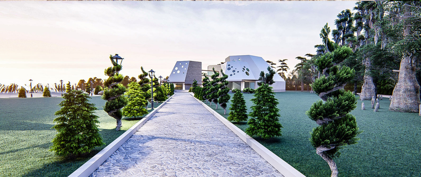 Sculpted native flora lines the approach to the center, creating a spiritual procession toward the built experience.