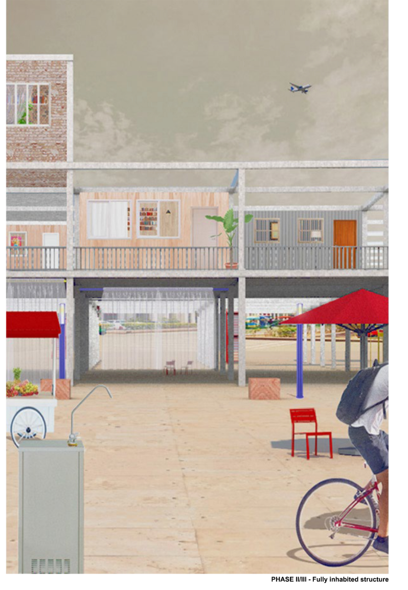 Fully inhabited upper levels demonstrate vernacular construction within a modern framework—merging memory and renewal.