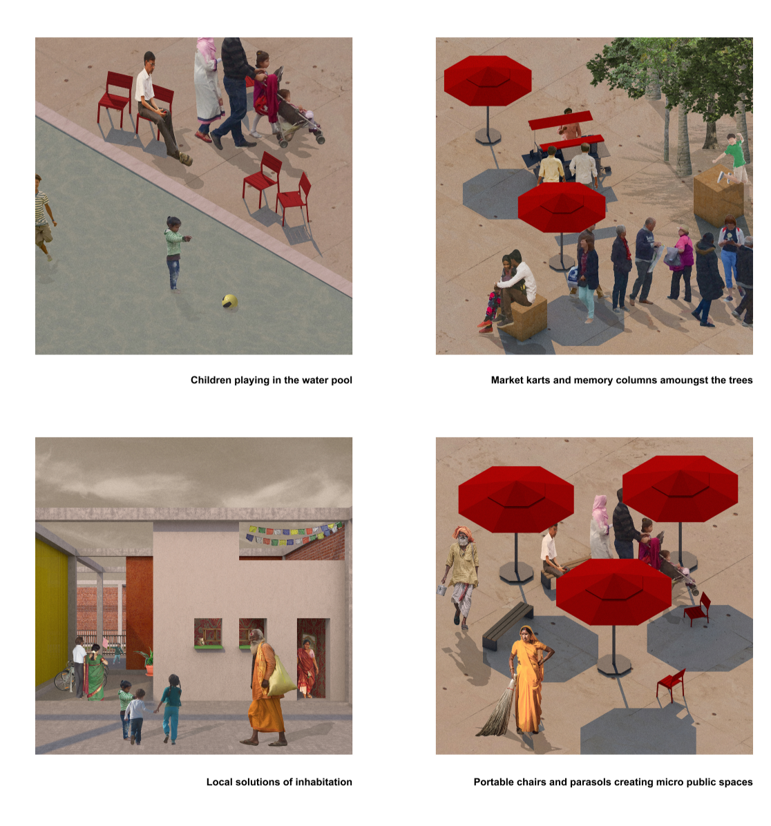 Children play, vendors gather, and families interact in modular public spaces shaped by parasols, benches, and market karts.