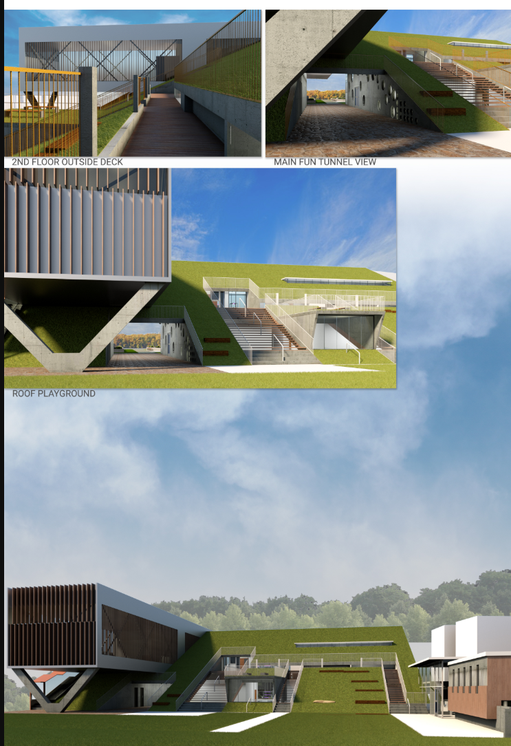 Multi-level green terraces extend classrooms into nature and play.