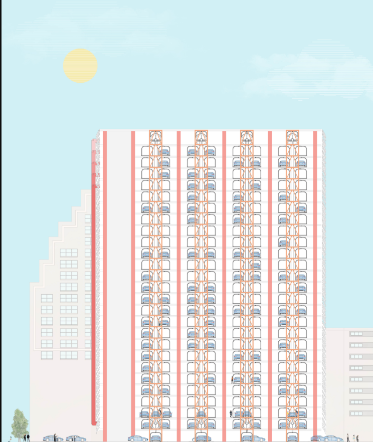 Structural section showing automated car lifts and vertical workshops for part dismantling.