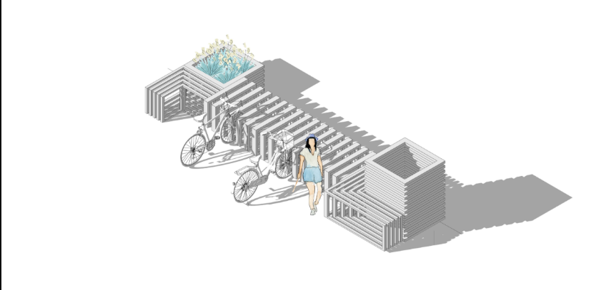Steel components from deconstructed cars reused to build sustainable urban bike infrastructure.