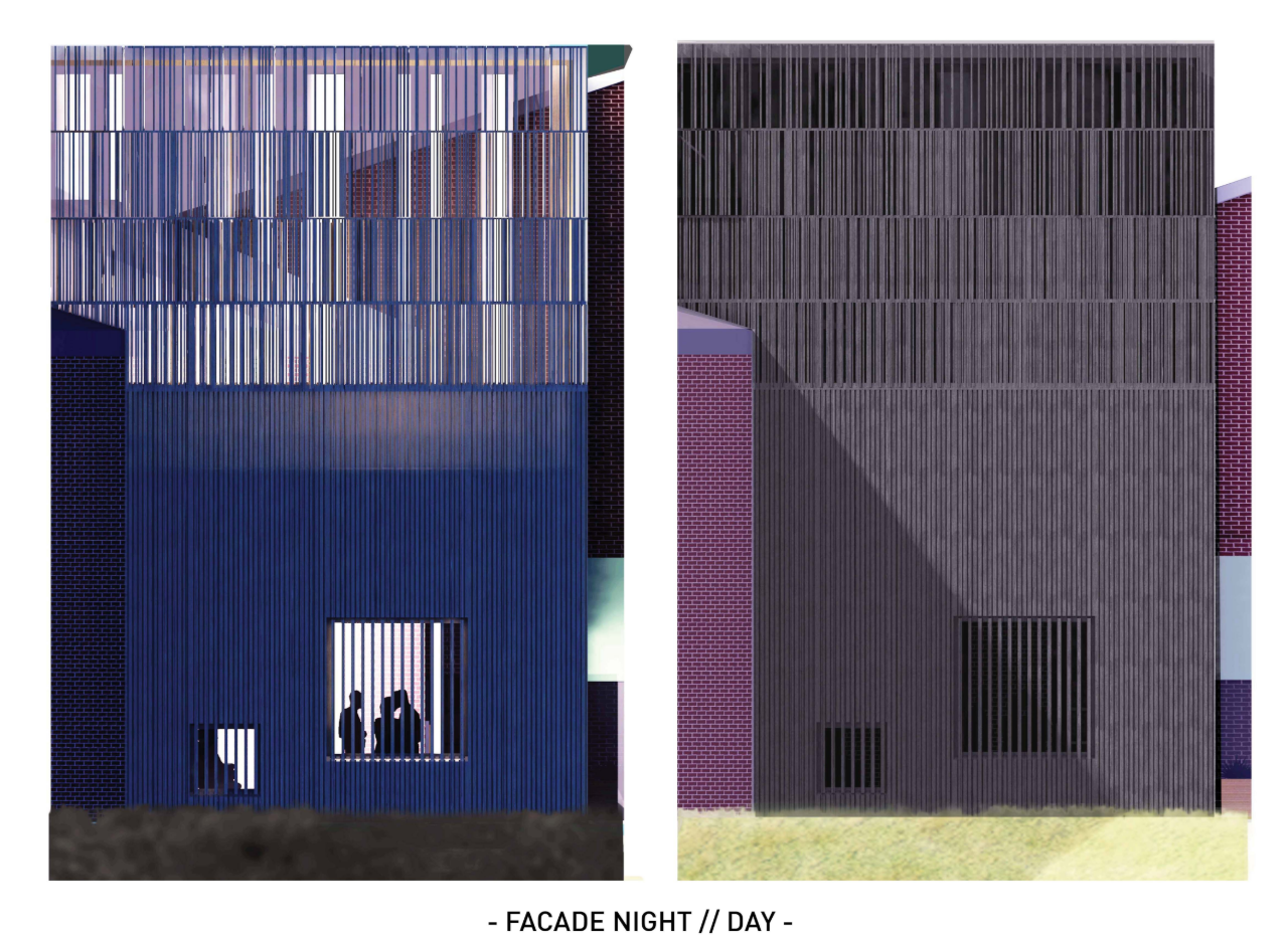 Facade design transitions from subtle texture by day to vibrant transparency at night.