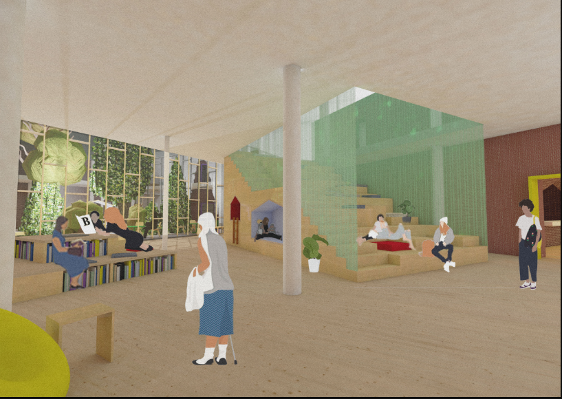 A sunlit learning lounge with layered seating and a community-focused reading zone.
