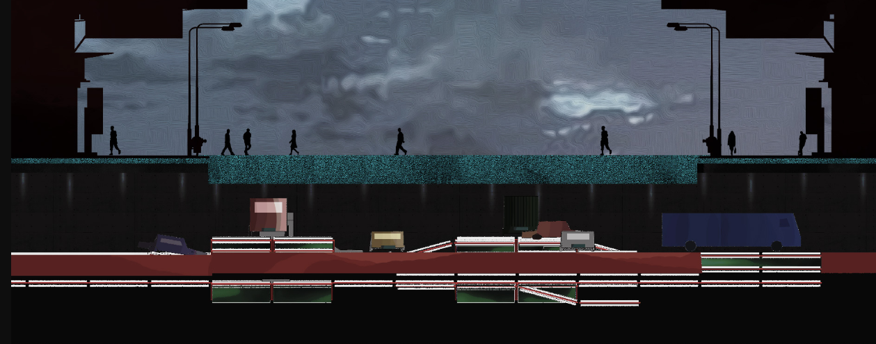 Multi-layered infrastructure separates pedestrian flow from modular vehicular movement below.