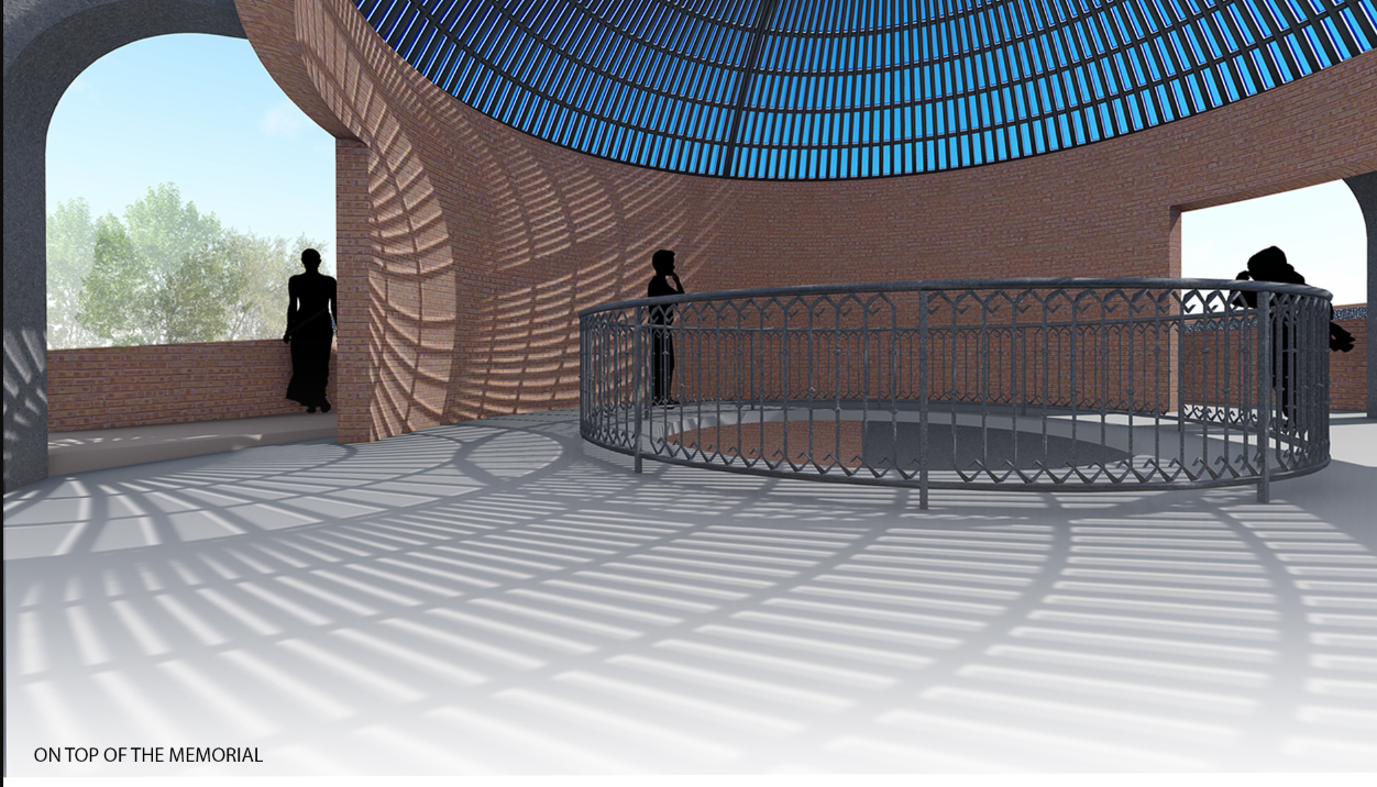 A contemplative platform offering panoramic views and shadow-play, inviting reflection and remembrance.