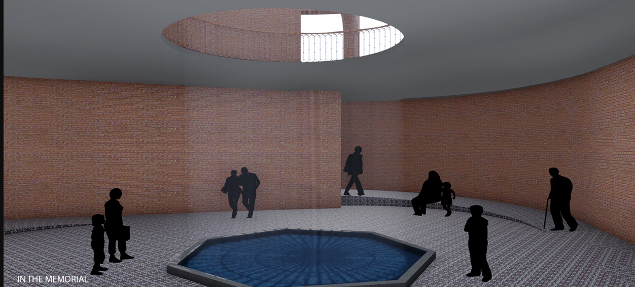 A quiet, circular space with a central water feature, designed for personal reflection and collective healing.