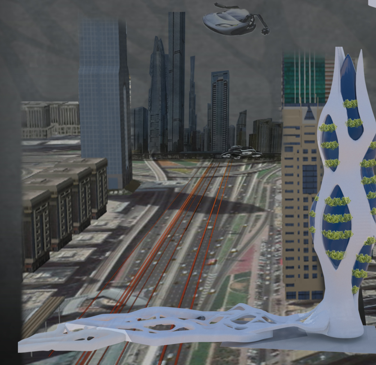 The organic base of the Green Eye Vision tower integrates flying car access and pedestrian infrastructure.