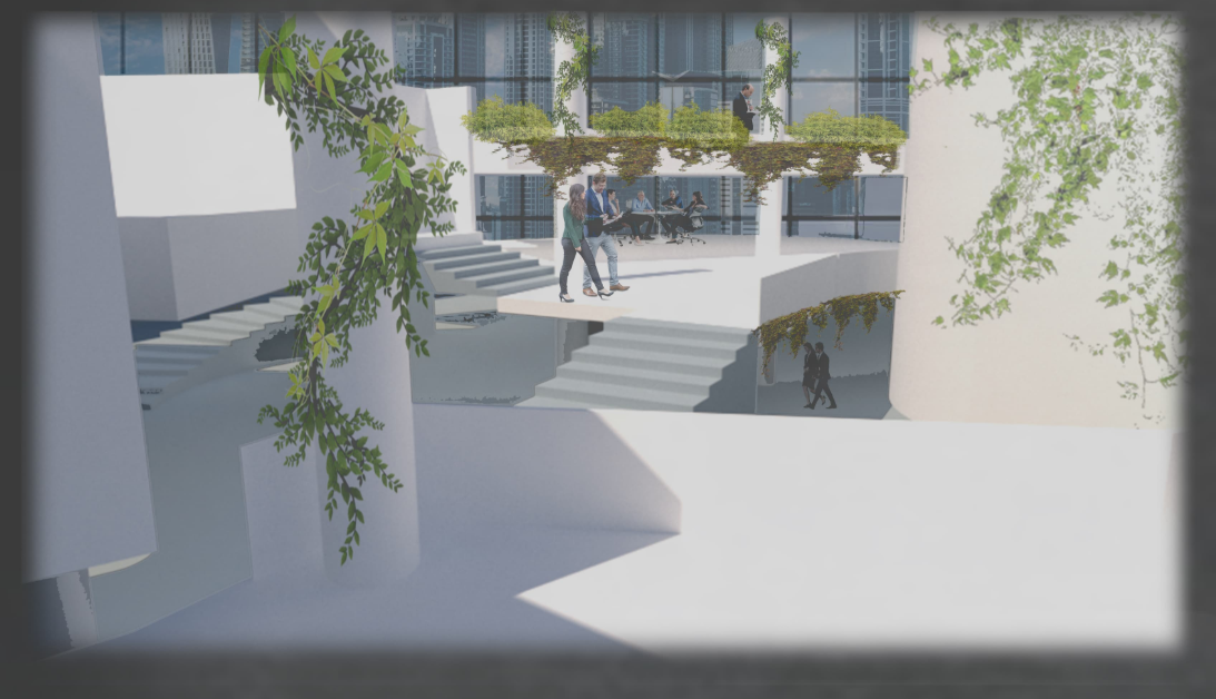 Biophilic interior spaces promote interaction, daylight, and layered movement through terraced circulation.