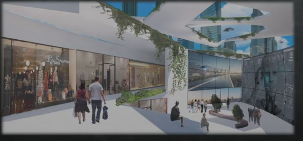 A smart retail plaza blends physical shopping with digital experiences under a solar-filtered atrium.