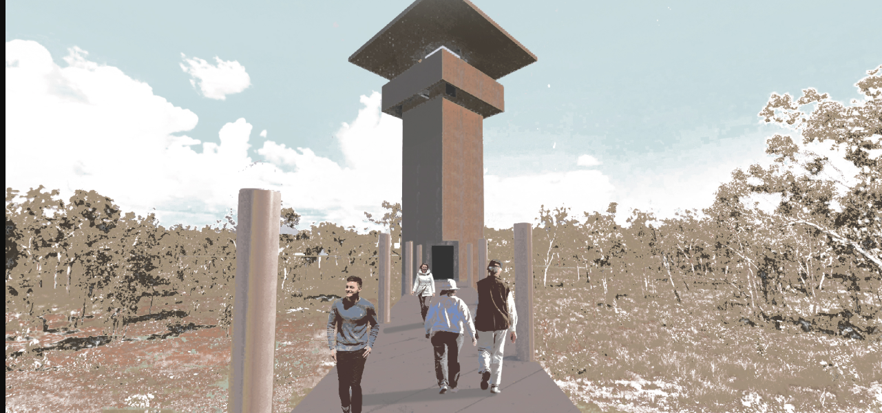 A symbolic watchtower guides visitors toward sacred reflection and panoramic observation.