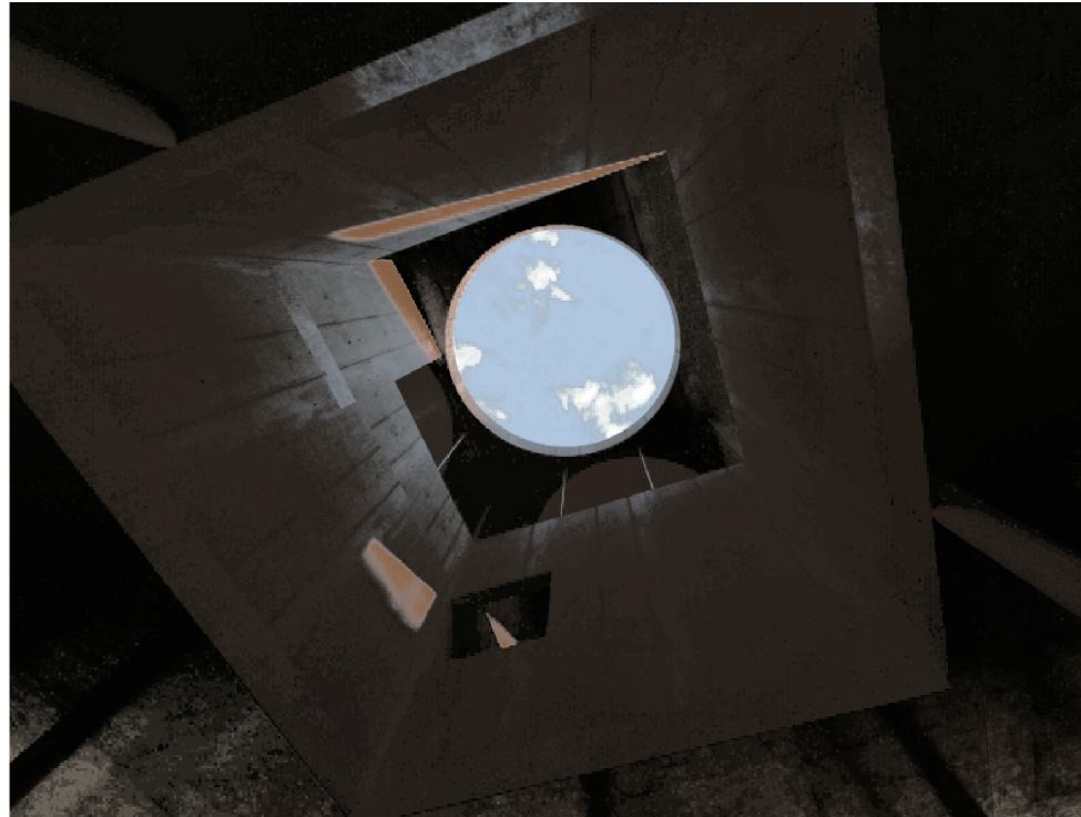 A circular skylight in the tower frames the heavens, linking architecture to the sacred sky.
