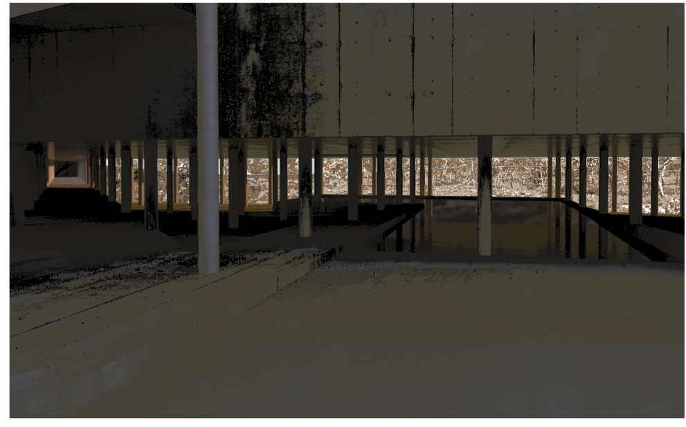 Columnar structure lifts the building above the ground, allowing filtered light and ecological continuity.