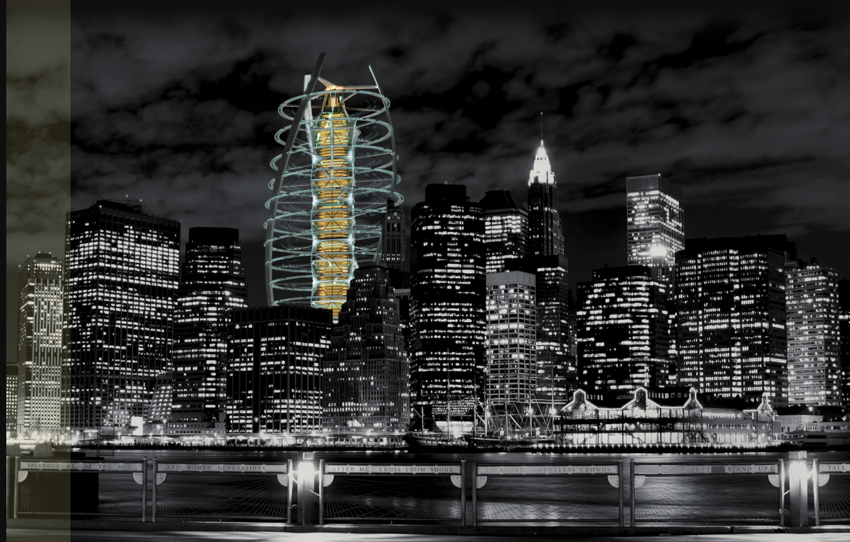 The Cloud Workspace tower pierces the skyline, blending futuristic form with New York's iconic urban silhouette.