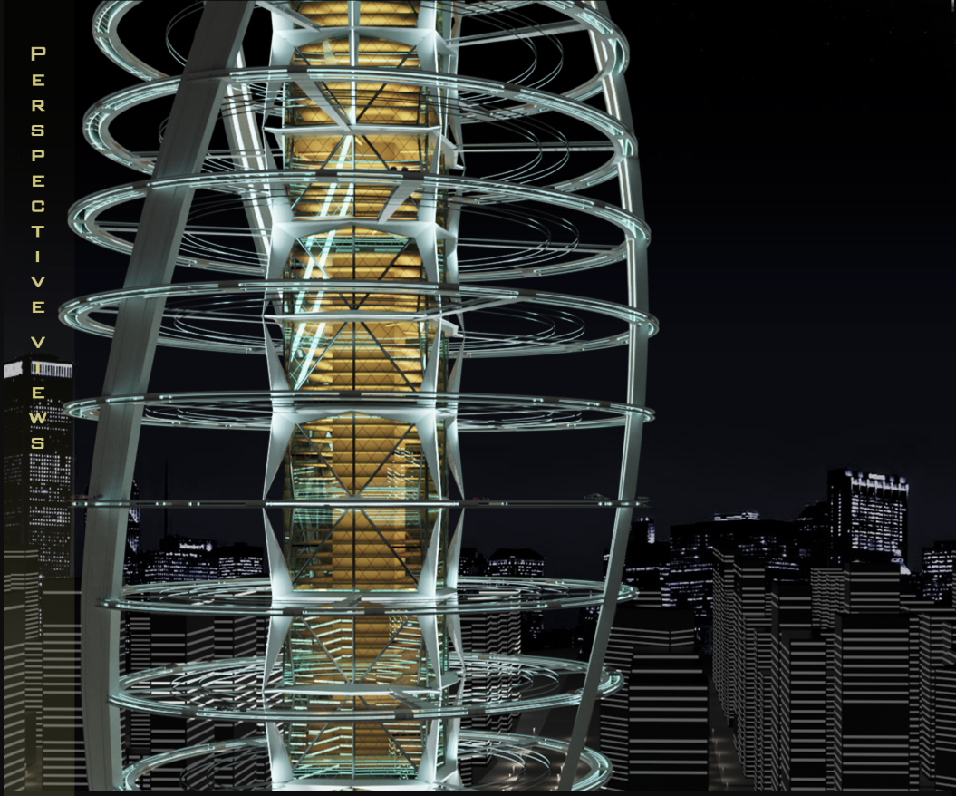The tower’s skeletal rings and glowing facade showcase its vertical mobility framework against the city lights.