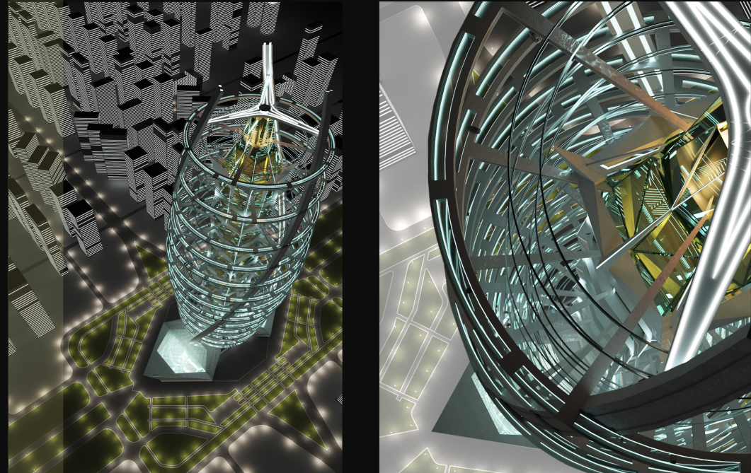 Top-down axonometric rendering paired with an interior spiral view — displaying the tower’s complex structural choreography.