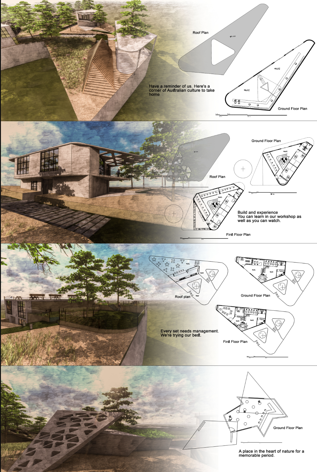 Architectural layering of cultural, communal, and private spaces along the natural terrain.