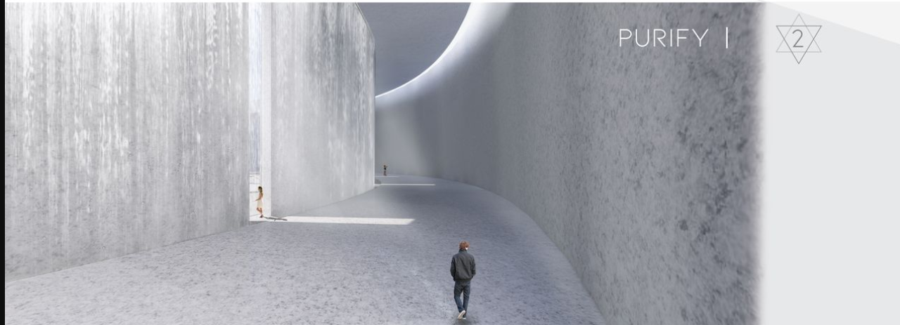 Curved granite walls and cascading waterfalls cleanse energy fields, embodying spiritual purification.