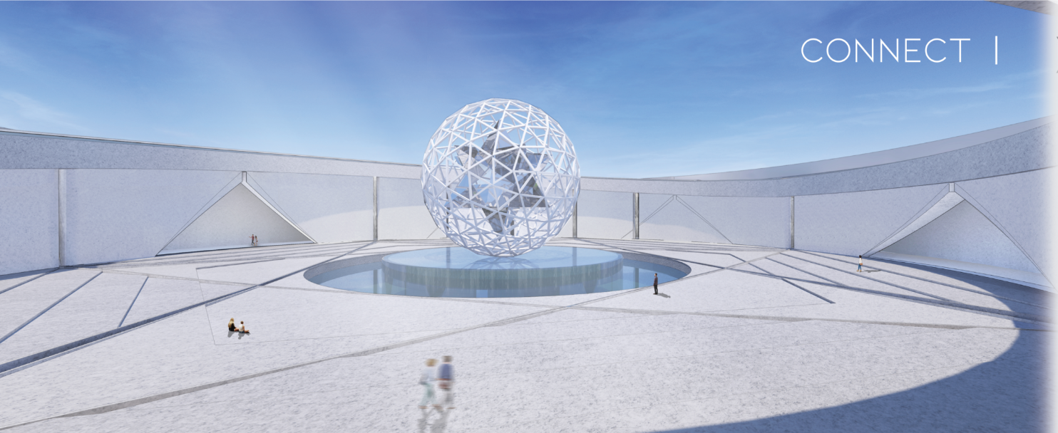 A floating sphere of sacred geometry symbolizes oneness and cosmic consciousness at the core of the structure.