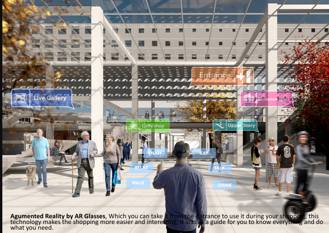 Covered public plaza with white structural frame, autumn trees, and shoppers viewing augmented reality overlays