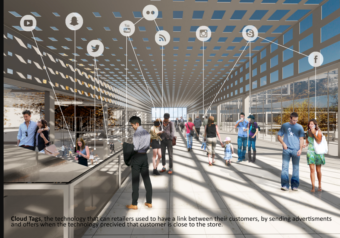 Interior concourse with perforated ceiling grid casting diagonal shadows across visitors with digital network overlay