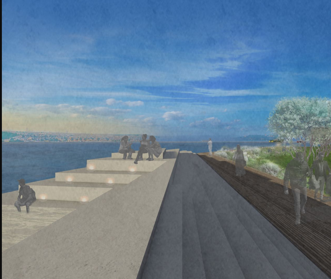 Elevated seating meets a wooden walkway, offering expansive coastal views and spaces for quiet reflection.