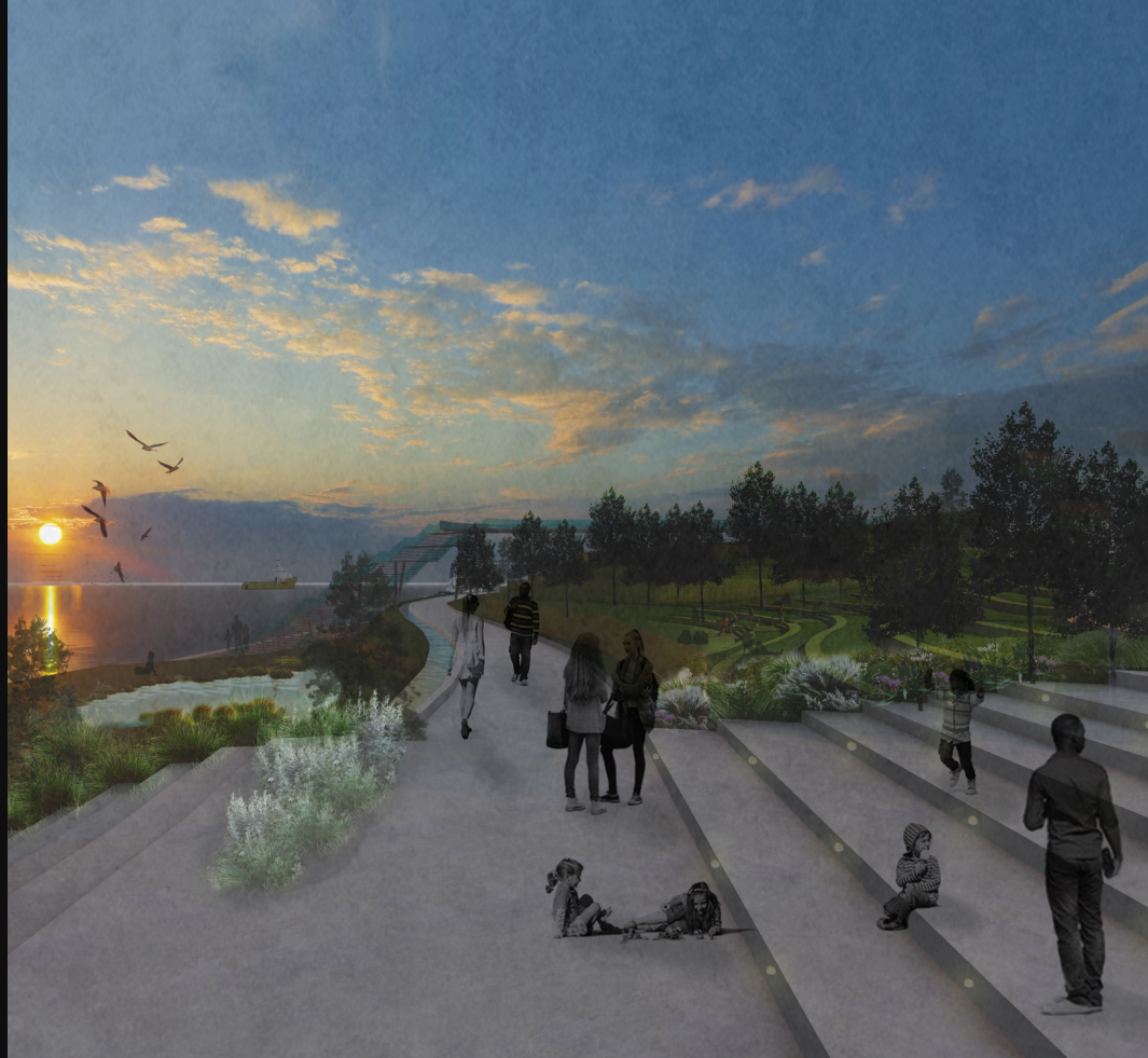 A linear path and stepped seating frame the sunset, merging nature with everyday urban leisure.