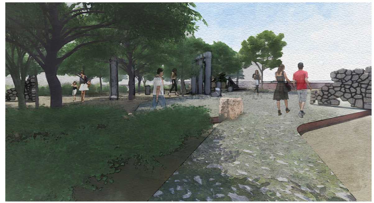 A heritage forest walk revives urban memory by embedding archaeological fragments within a lush, accessible green landscape.