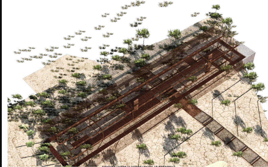 Aerial perspective reveals the elongated, open-air layout blending with dry terrain and native vegetation.