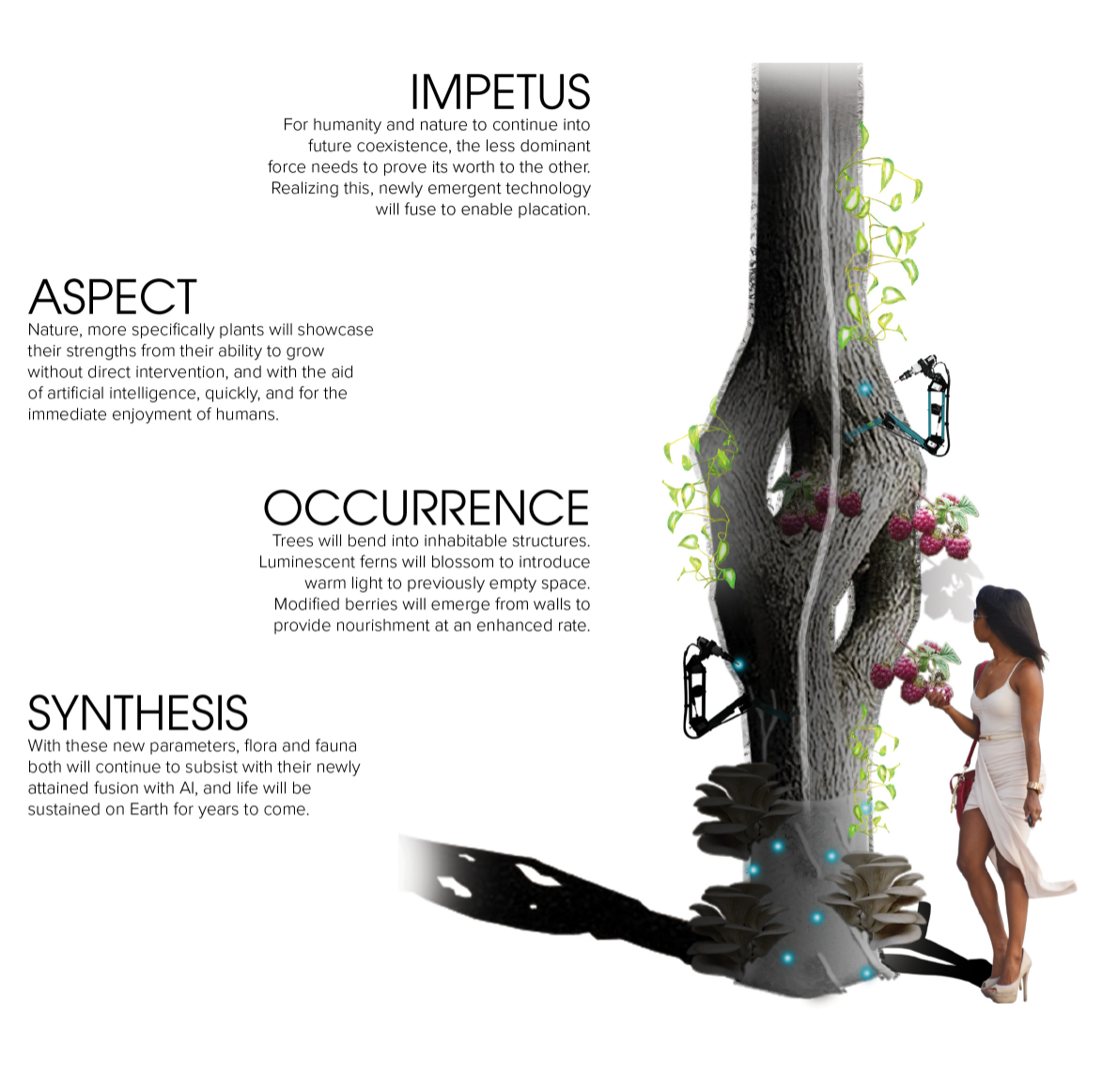 The symbiosis of AI and flora enables new forms of growth, structure, and sustenance in future ecological architecture.