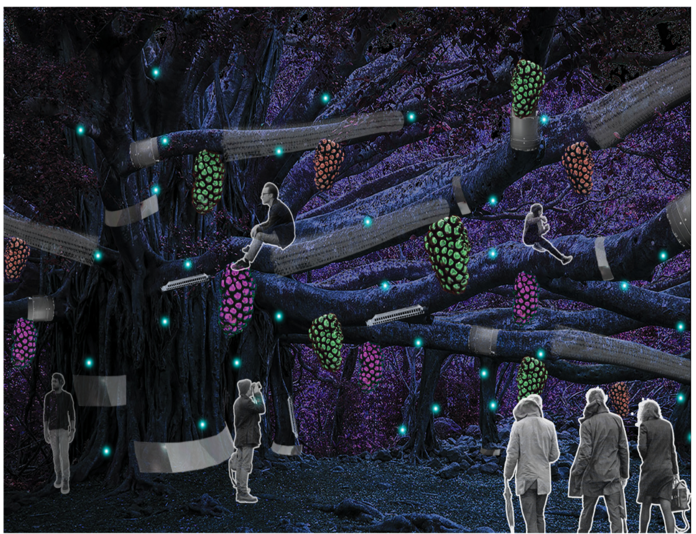 Glowing fruits and AI-guided limbs weave into nature’s fabric, creating interactive public realms at night.