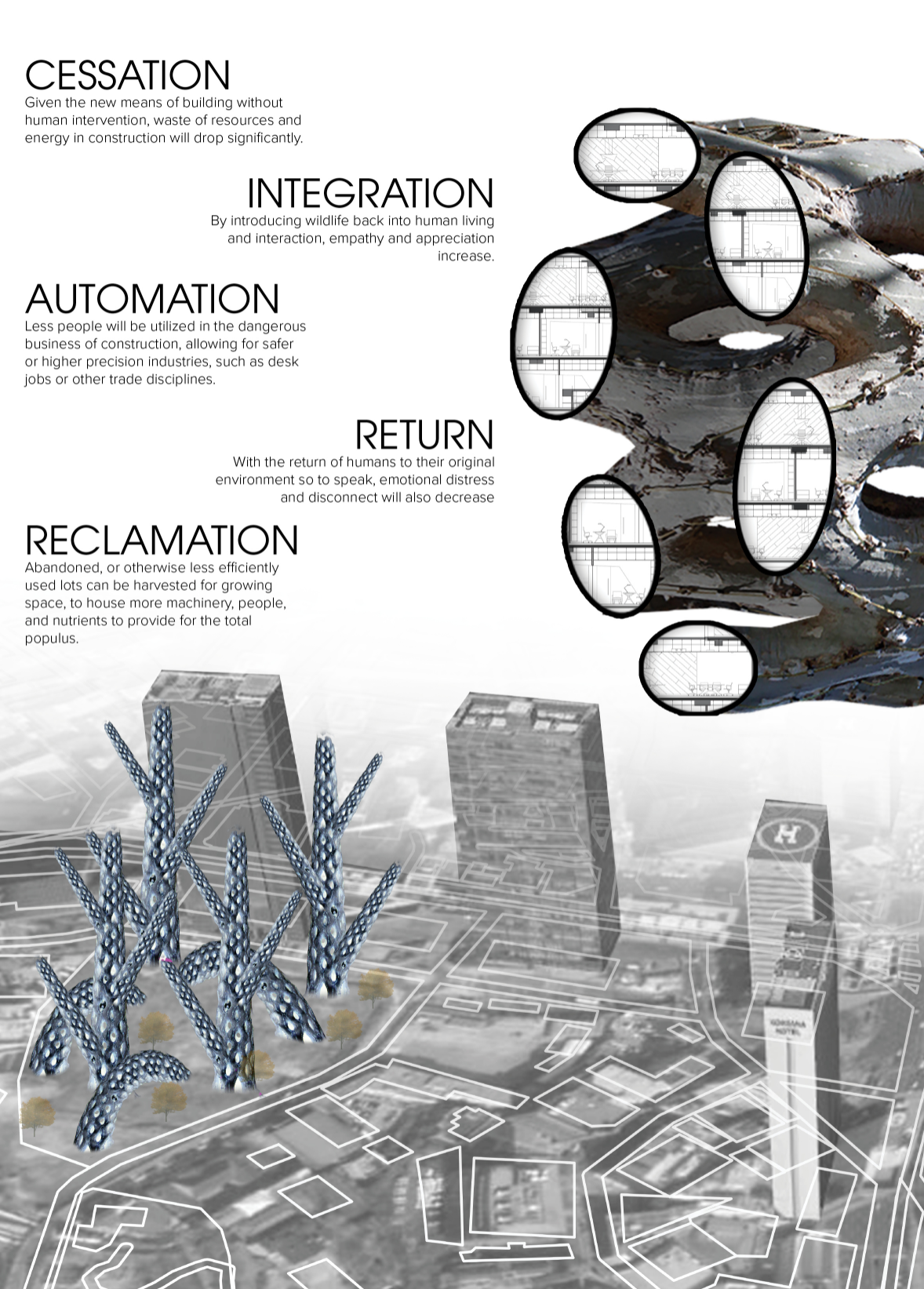 Living towers reclaim city plots, embedding growth chambers, wild systems, and autonomous spaces for future life.