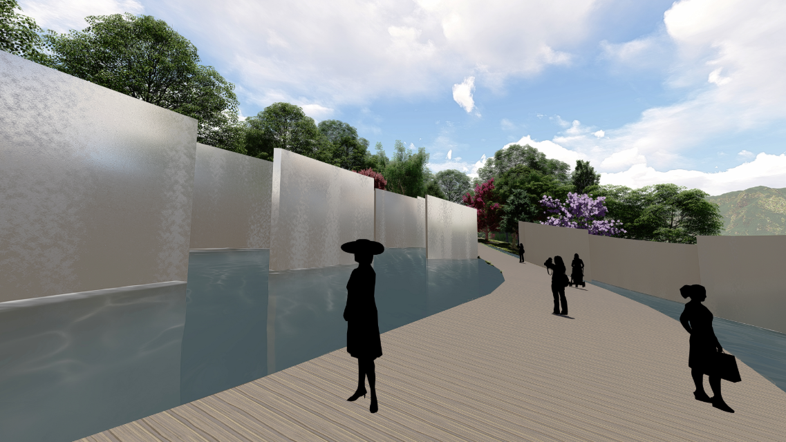 Interior perspective where cascading water walls guide visitors through a multisensory path.
